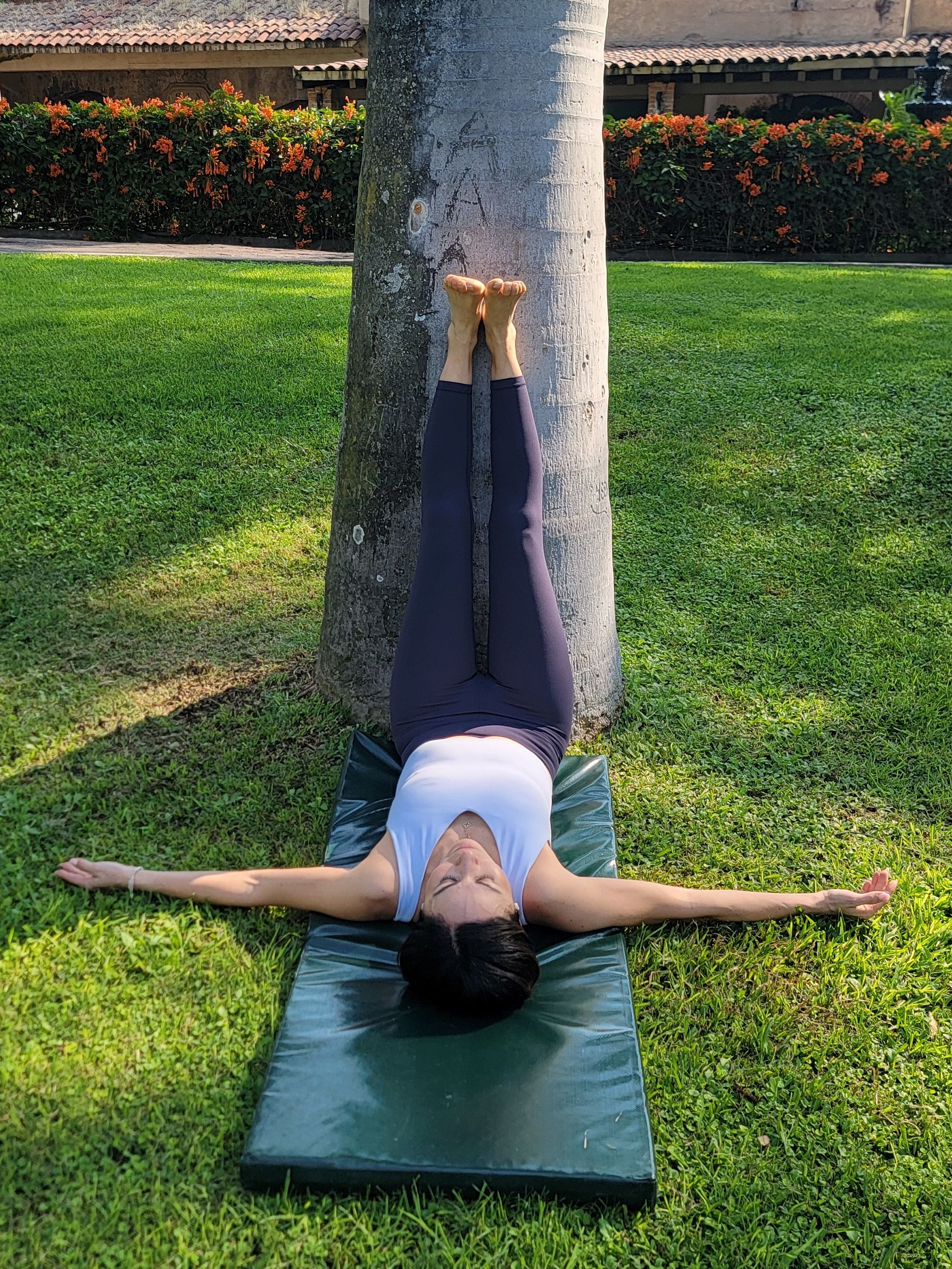 A woman demonstrates a yoga pose by raising her legs up against a wall using a tree (Viparita Kalani)