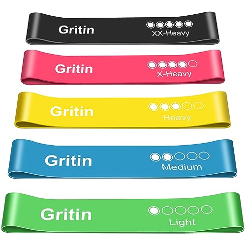 Gritin Resistance Bands, Set of 5 Skin-Friendly Resistance Fitness Exercise Loop Bands with 5 Different Intensity Levels - Includes Carrying Case - Perfect for Home, Gym, Yoga, Training