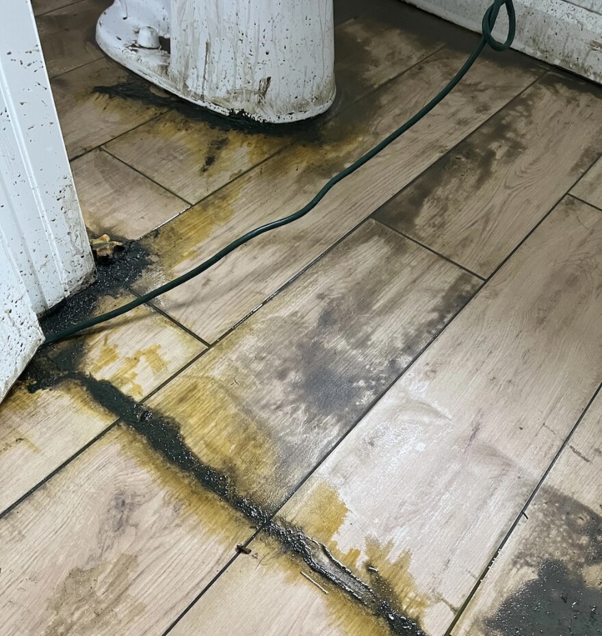 The liquid seeped into Meredith's bathroom.