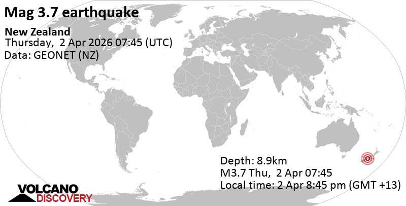 3.7 earthquake 43 km north of Ashburton, Canterbury, New Zealand, April 2, 2026 at 8:45pm (GMT +13)