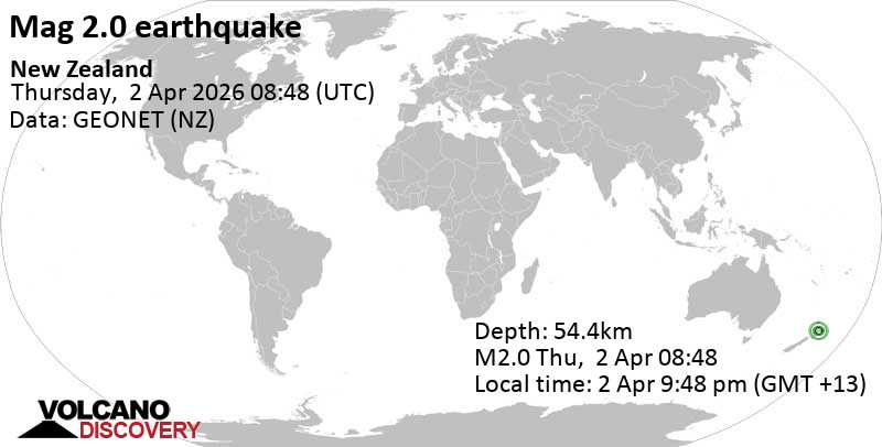 2.0 earthquake 18 km northwest of Taupo, Waikato, New Zealand, April 2, 2026 at 9:48pm (GMT +13)