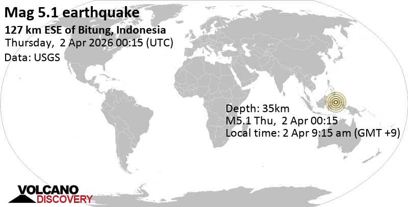 5.1 Earthquake Maluku Sea, 22 km southwest of Mayu Island, North Maluku, Indonesia, April 2, 2026, 9:15 a.m. (Jayapura time)