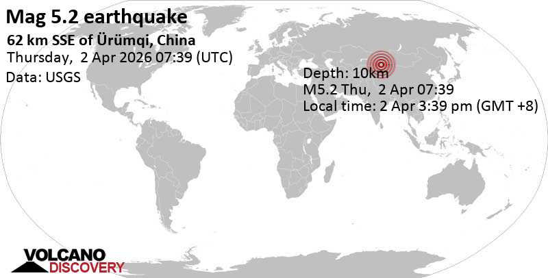 5.2 earthquake 62 km south of Urumqi, Xinjiang Uyghur Autonomous Region, China, April 2, 2026, 3:39 pm (Urumqi time)