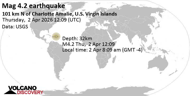 4.2 earthquake 79 km northwest of Anegada Island, British Virgin Islands, North Atlantic, April 2, 2026 at 8:09 a.m. (GMT -4)