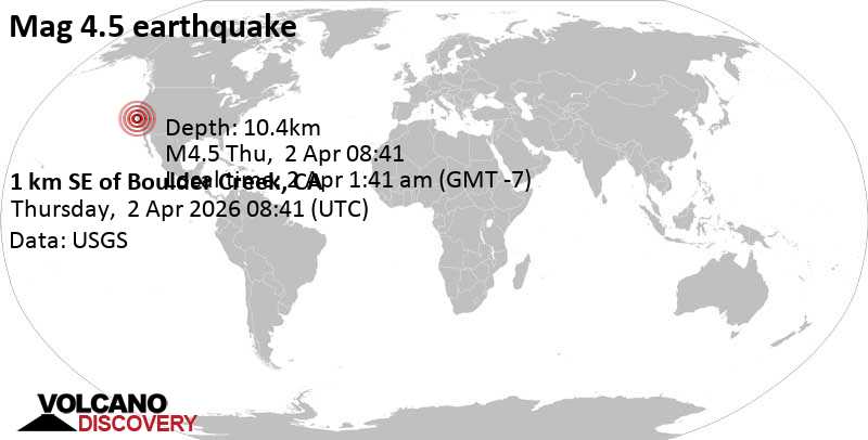 4.5 earthquake 17.4 miles northwest of Santa Cruz, Santa Cruz County, California, United States April 2, 2026, 1:41 a.m. (Los Angeles time)