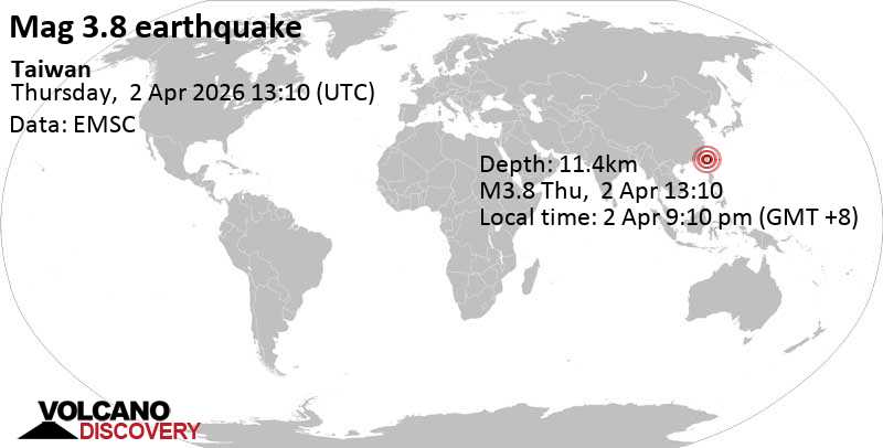 3.8 earthquake 24 km southeast of Xinying, Taiwan, April 2, 2026 at 9:10 pm (GMT +8)