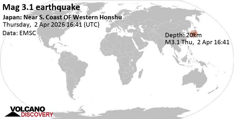 Hyogo Prefecture 3.1 Earthquake, 51 km northwest of Osaka, Osaka Prefecture, April 3, 2026, 1:41 a.m. (GMT+9)