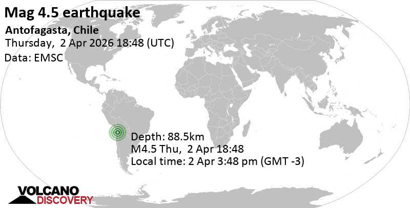 4.5 earthquake 52 km northeast of Calama, El Roa, Antofagasta, Chile, April 2, 2026, 3:48 pm (Santiago time)
