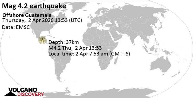 4.2 Earthquake North Pacific, 46 km southwest of Coatepeque, Guatemala, April 2, 2026, 7:53 a.m. (GMT -6)