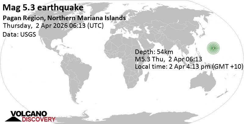 5.3 Earthquake North Pacific, Northern Mariana Islands, 101 km east of Pagan Island, April 2, 2026, 4:13 PM (GMT +10)