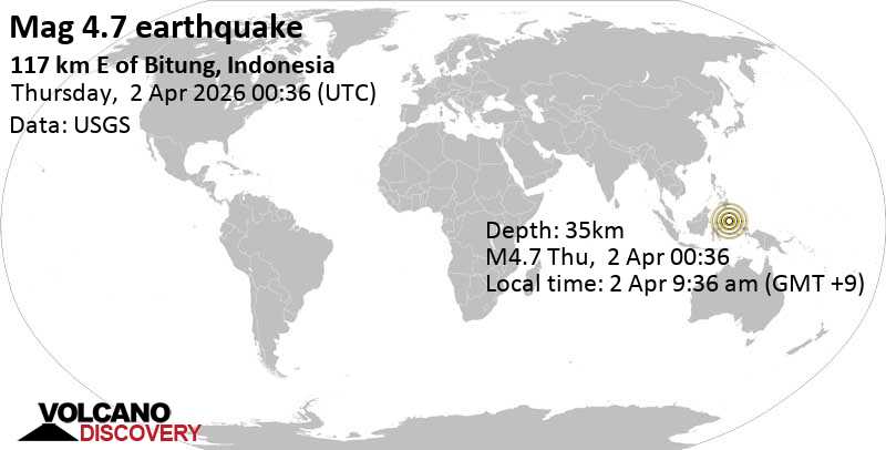Earthquake of 4.7 magnitude 145km west of Ternate City, North Maluku Province, Indonesia, 9:36 a.m. on April 2, 2026 (Jayapura time)