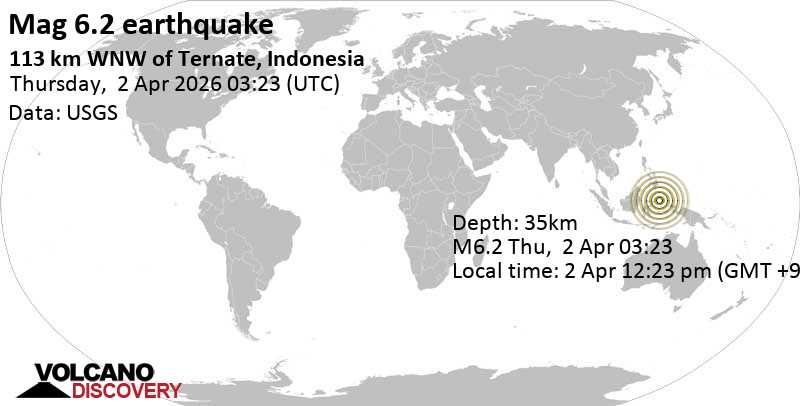 6.2 Earthquake Maluku Sea, North Maluku, Indonesia, 18 km south of Mayu Island, April 2, 2026, 12:23 pm (Jayapura time)