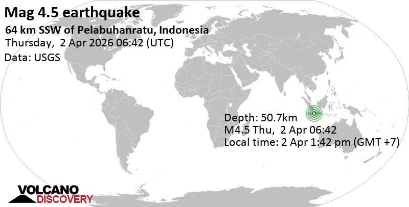 4.5 earthquake 65 km south of Perabuhan Ratu, Indian Ocean, Indonesia, April 2, 2026, 1:42 pm (Jakarta time)