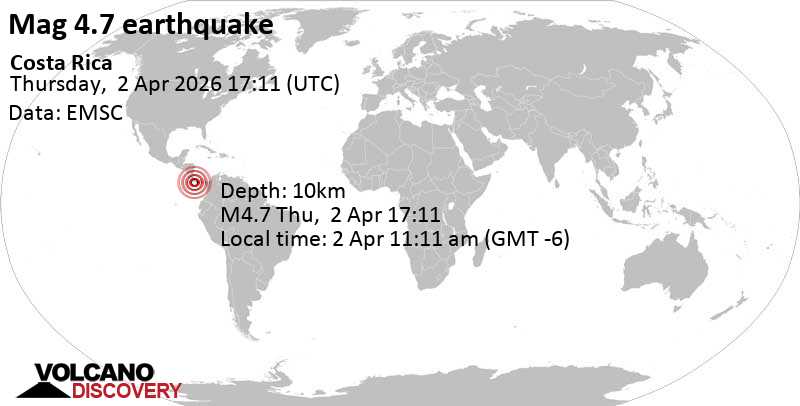 4.7 Earthquake North Pacific, Costa Rica, April 2, 2026, 11:11 a.m. (Costa Rica time)