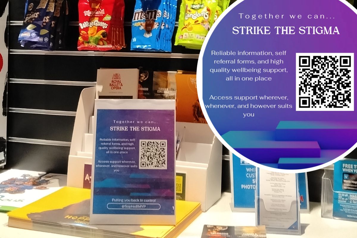 A QR code (inset) linking to Sophie Bloomfield's website is on display at Regent Cinema