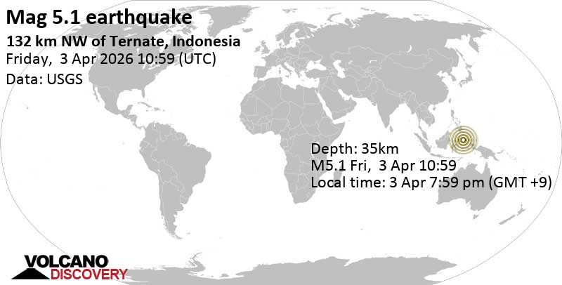 5.1 Earthquake Maluku Sea, North Maluku, Indonesia, 20 km north of Mayu Island, April 3, 2026, 7:59 pm (Jayapura time)