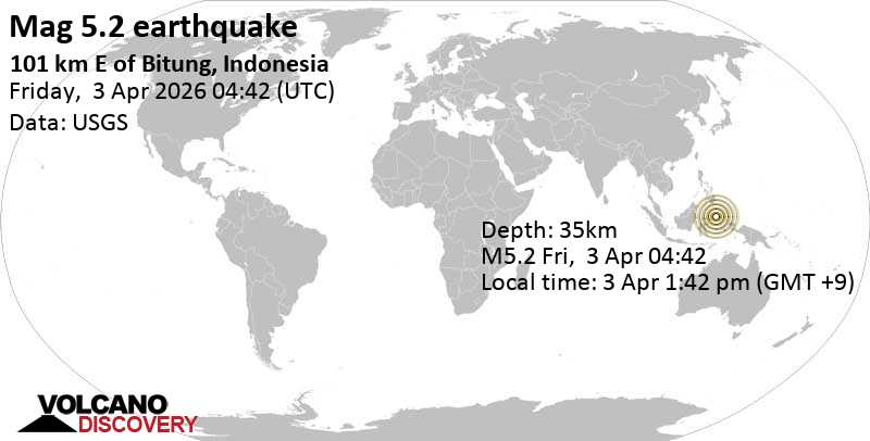 5.2 Earthquake Indonesia, North Maluku, 40 km west of Mayu Island, Maluku Sea, April 3, 2026, 1:42 PM (GMT +9)