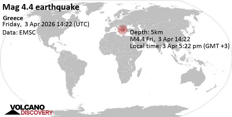 4.4 earthquake 24 km west of Ioannina, Ioannina, Epirus, Greece, April 3, 2026 at 5:22 pm (Athens time)