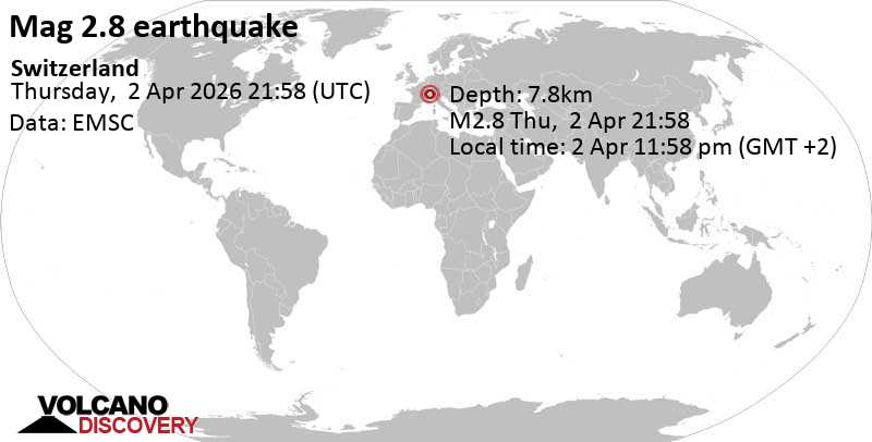 April 2, 2026, 11:58 pm (GMT+2) 2.8 earthquake in canton Vaud, 15 km northwest of Sitten, Switzerland