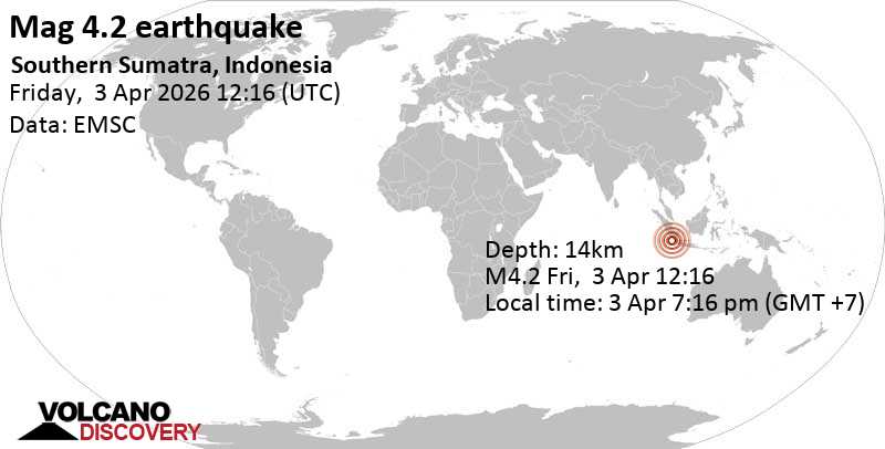 4.2 Earthquake, Indian Ocean, 111 km east of Enggano Island, Bengkulu, Indonesia, April 3, 2026 at 7:16 PM (GMT +7)