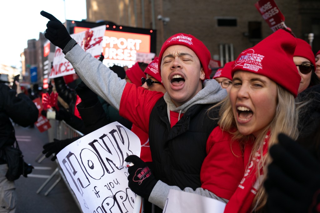 Hundreds of unionized nurses went on strike outside NewYork-Presbyterian Hospital on 168th Street after hospital management failed to reach an agreement with health care workers at locations across New York City.