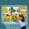 Illustration of a sad young girl leaning against the window while watching other children happily riding the school bus.