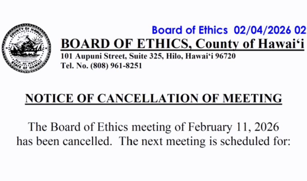 The Hawaii County Ethics Commission canceled its February meeting due to a lack of quorum. (Screenshot)
