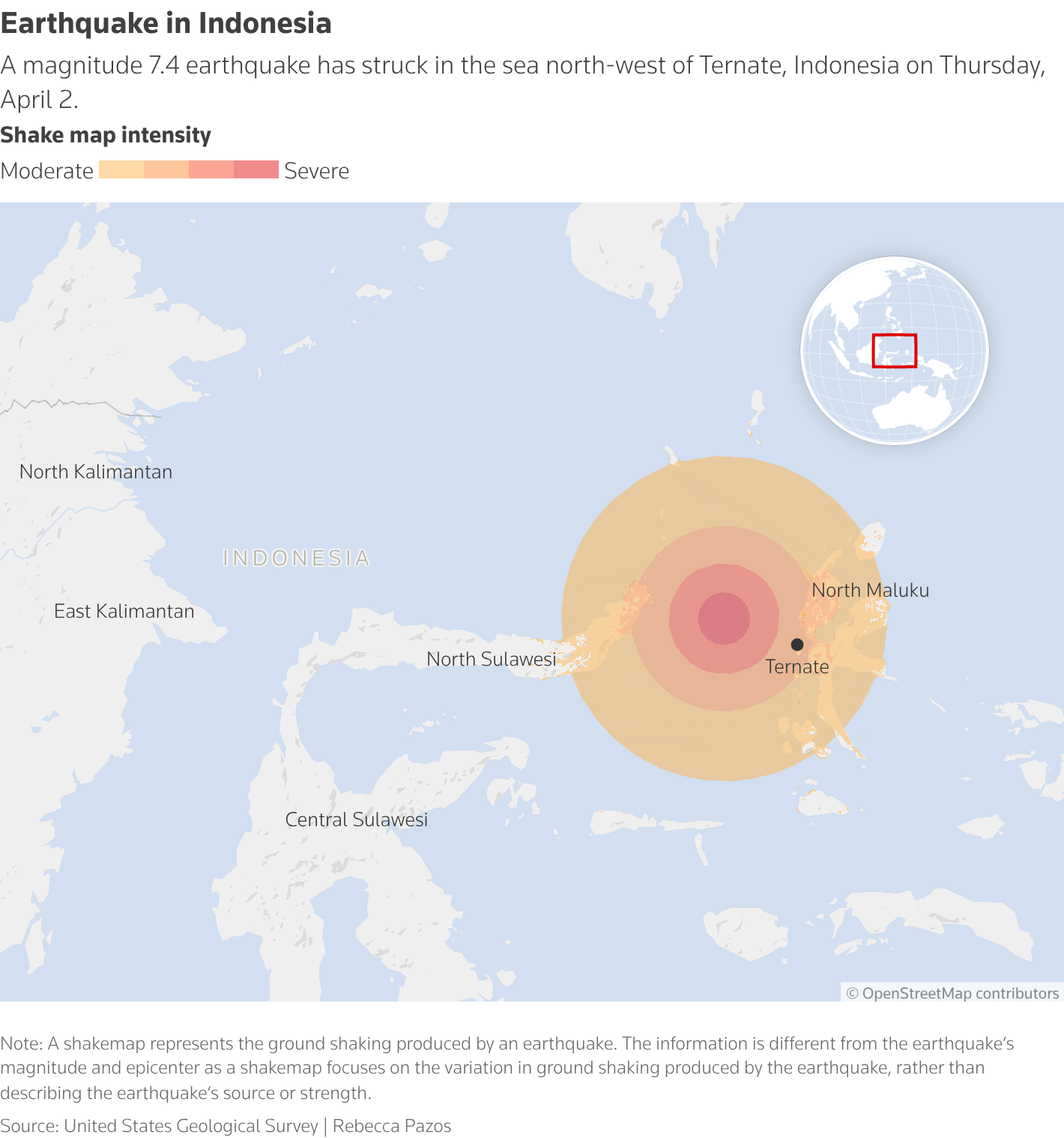 Map showing the magnitude 7.4 earthquake that occurred in the ocean northwest of Ternate, Indonesia, on April 2. Concentric rings of orange and red indicate moderate to severe shaking in parts of North Maluku and Sulawesi.