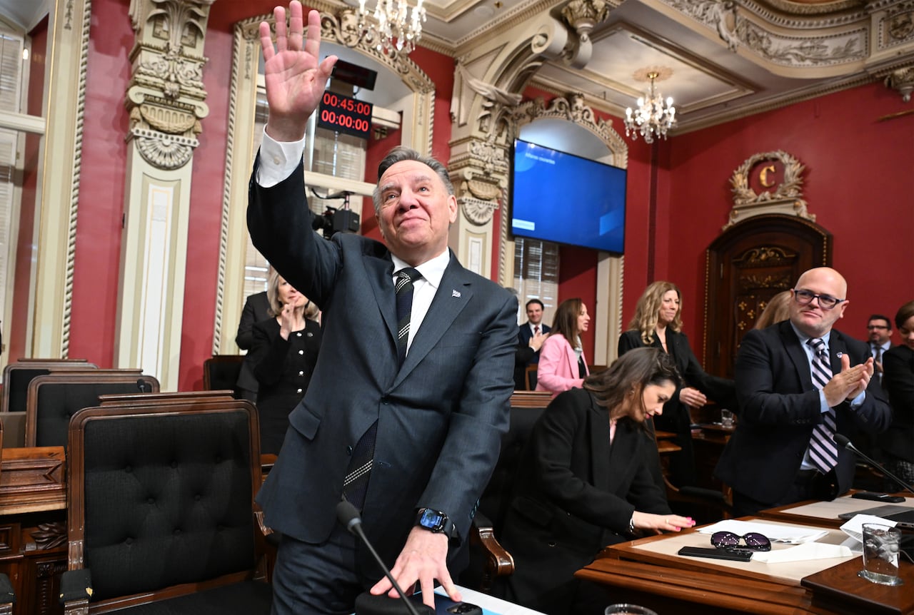 Quebec Premier François Legault waves to the stands during his final question period as premier in the Quebec City parliament on Thursday, April 2, 2026.