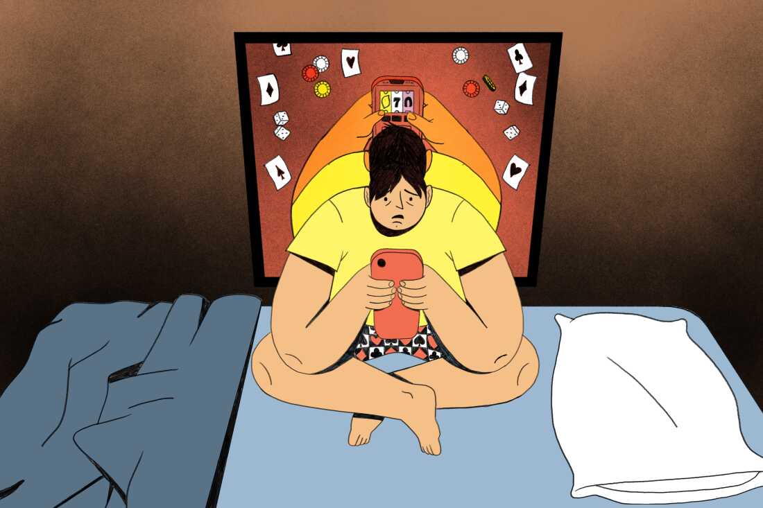 This illustration shows a teenage boy sitting cross-legged on a bed while holding a cell phone in his hand. There is a mirror behind him and you can see in its reflection that he is gambling. Cards, dice, and poker chips fall with reflections from the sky.