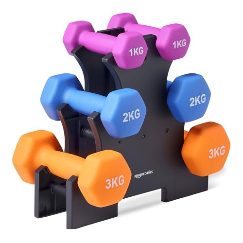 AmazonBasics Neoprene Dumbbell Weights with Stand 3 Pair Set (1 Kg, 2 Kg, 3 Kg) Multicolor
