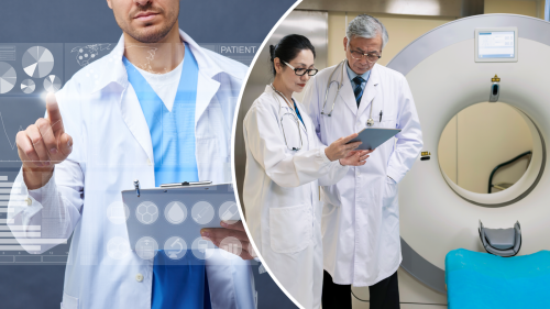 Two image collage depicting medical professionals examining medical device data