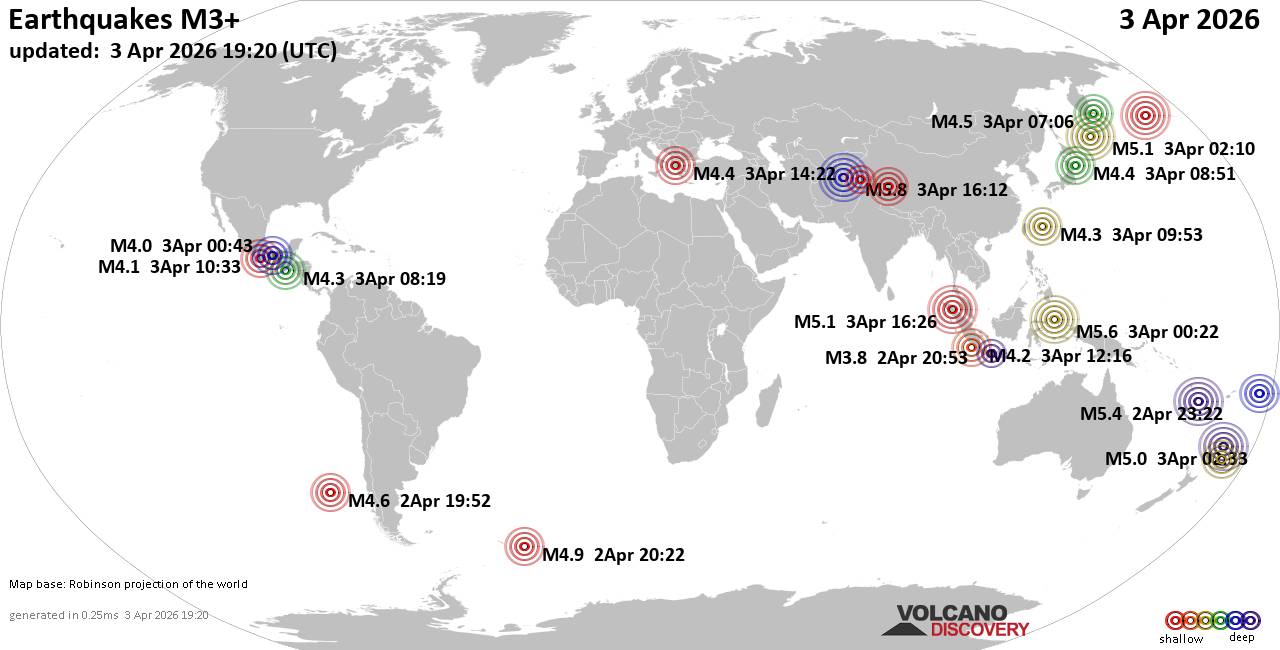 Earthquakes of magnitude 3 or higher around the world that occurred in the past 24 hours on April 3, 2026