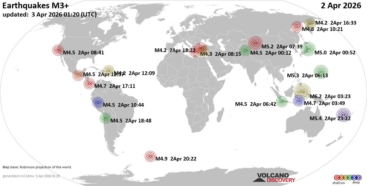 Earthquakes of magnitude 3 or higher around the world that occurred in the past 24 hours on April 3, 2026